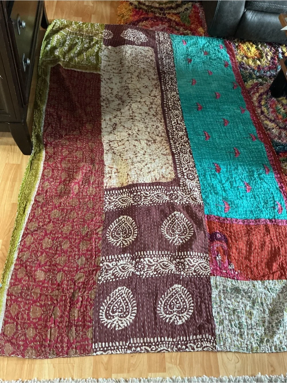 Tantha Handcrafted Patchwork Quilt Throw in Teal, Red, Brown and Cream